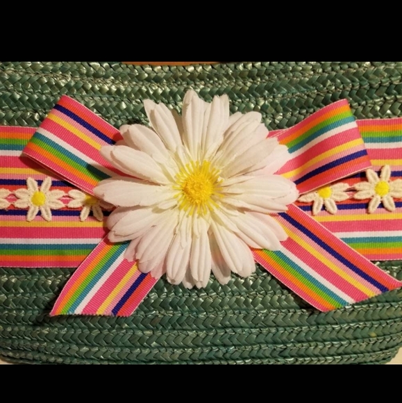 VINTAGE WOVEN STRAW PURSE TOTE BAG RAINBOW BAMBOO 90S Y2K RAVE SUMMER EASTER ๐ - Picture 3 of 10